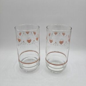 2 Corelle Forever Yours Pink Hearts Cottage Core 16 oz Drinking Glasses Vtg